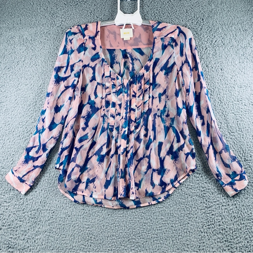 Maeve Anthropologie Women's Long Sleeve Sheer Button Top Pink Blue Size 0 **Flaw